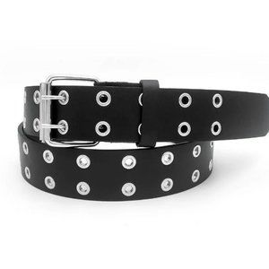 Black Unisex 2 Holes Row Grommet Bonded Leather Belt Size Large